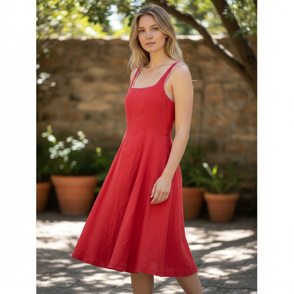 Caroline Constas Red Linen Blend Whipstitch Midi Dress Fit & Flare Size 2 84636